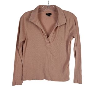J Crew Blush Shirt Long Sleeve Ribbed Polo V Neck Fitted Womens Medium